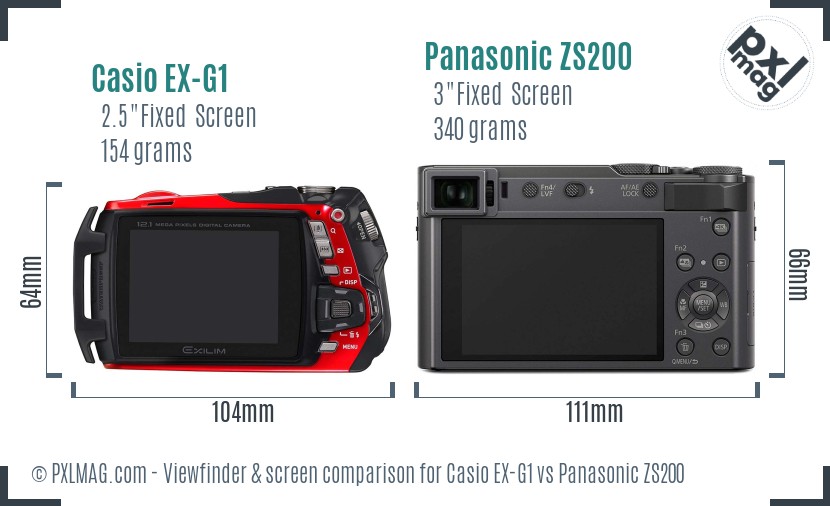 Casio EX-G1 vs Panasonic ZS200 Screen and Viewfinder comparison