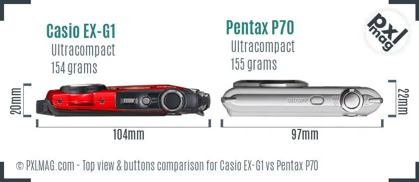 Casio EX-G1 vs Pentax P70 top view buttons comparison