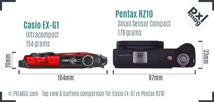 Casio EX-G1 vs Pentax RZ10 top view buttons comparison