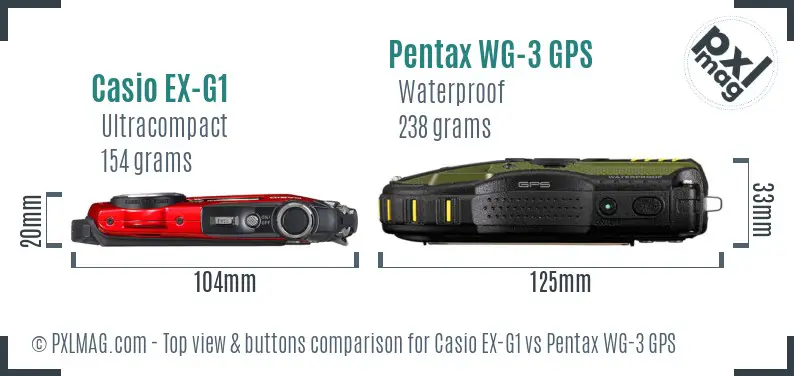 Casio EX-G1 vs Pentax WG-3 GPS top view buttons comparison
