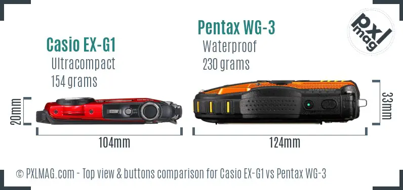 Casio EX-G1 vs Pentax WG-3 top view buttons comparison