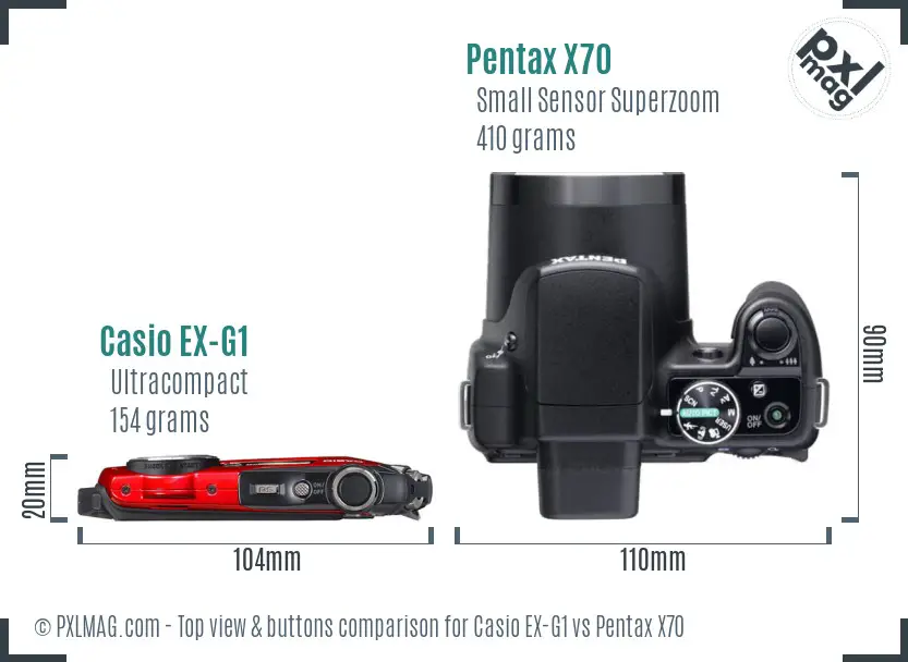 Casio EX-G1 vs Pentax X70 top view buttons comparison