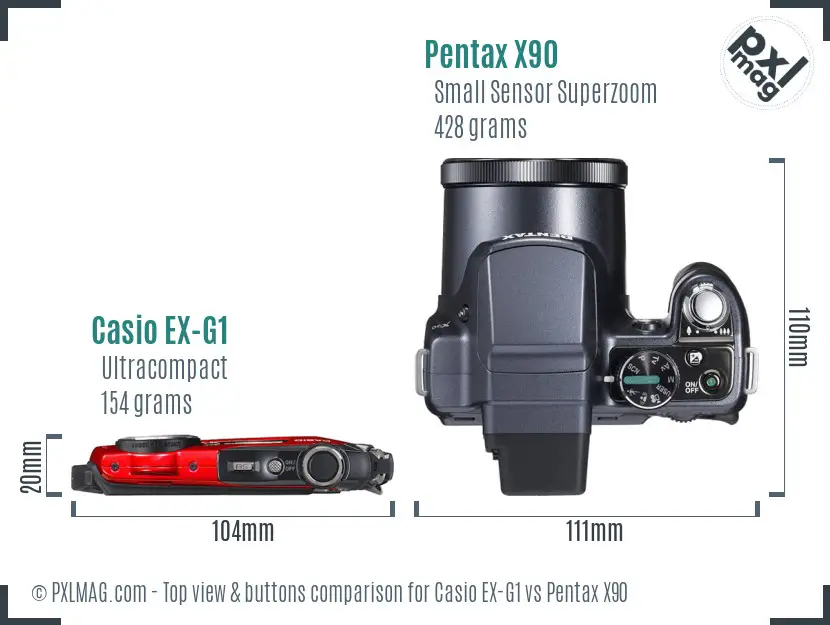 Casio EX-G1 vs Pentax X90 top view buttons comparison Casio EX-G1 vs Pentax X90 top view buttons comparison