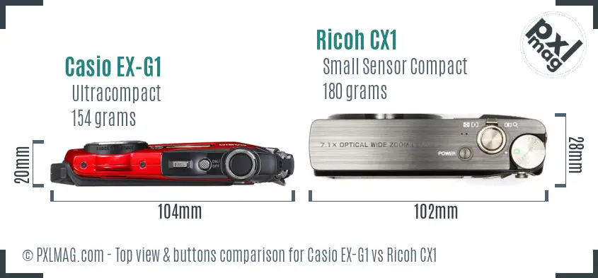 Casio EX-G1 vs Ricoh CX1 top view buttons comparison