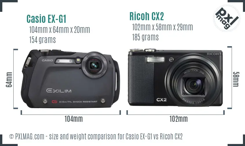 Casio EX-G1 vs Ricoh CX2 size comparison