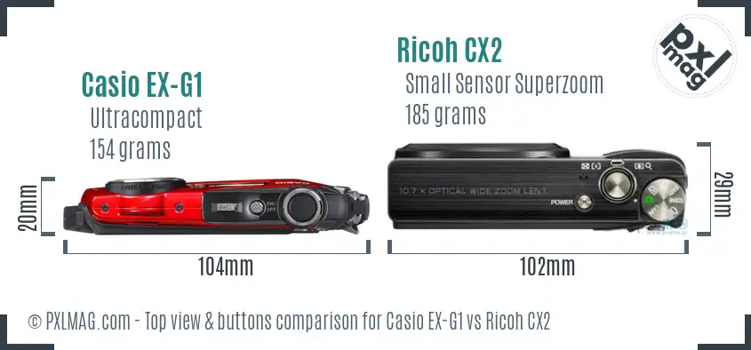 Casio EX-G1 vs Ricoh CX2 top view buttons comparison