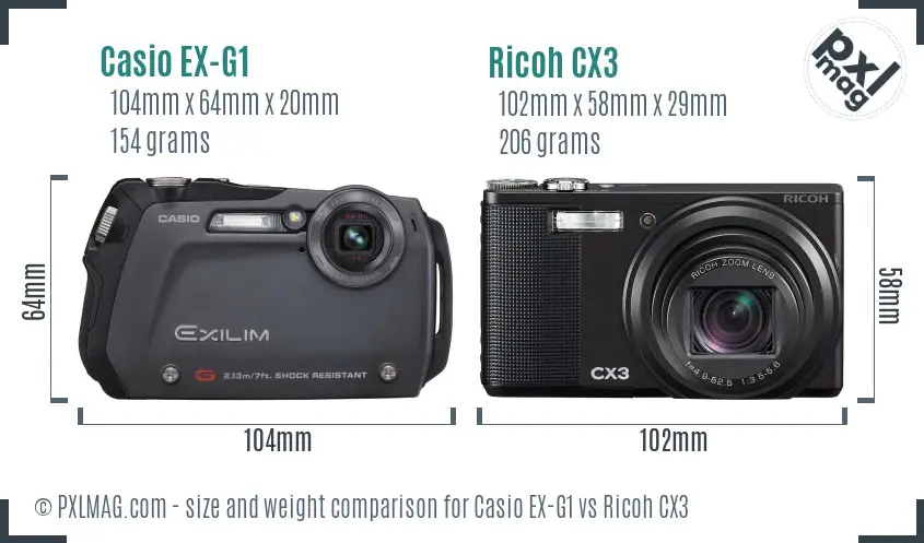 Casio EX-G1 vs Ricoh CX3 size comparison