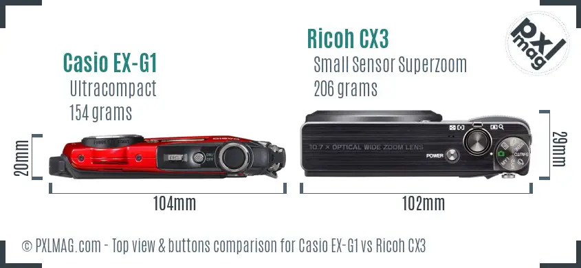 Casio EX-G1 vs Ricoh CX3 top view buttons comparison