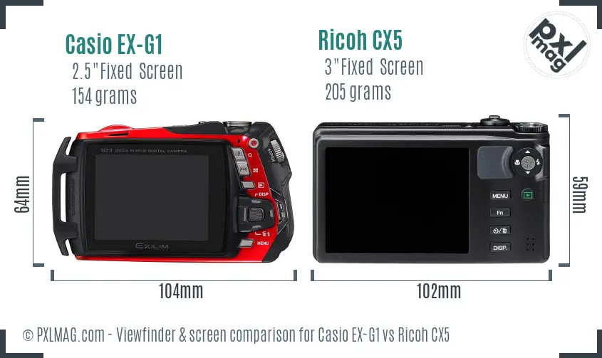 Casio EX-G1 vs Ricoh CX5 Screen and Viewfinder comparison