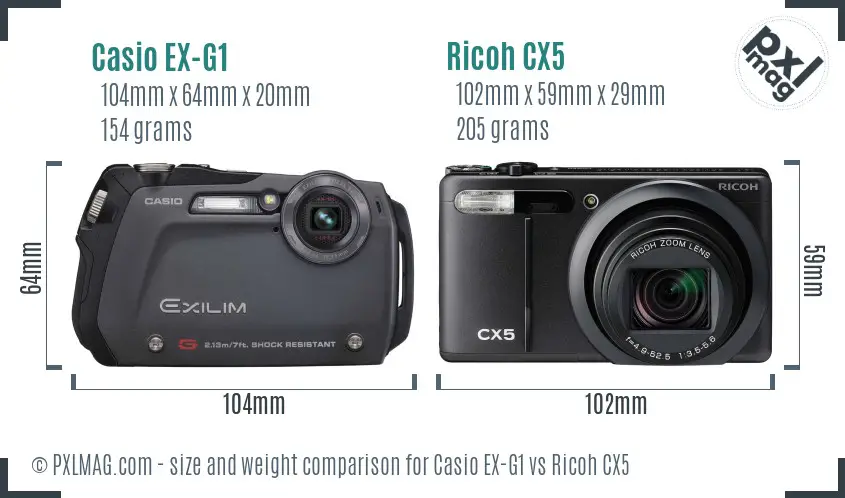 Casio EX-G1 vs Ricoh CX5 size comparison