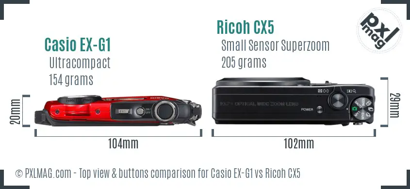 Casio EX-G1 vs Ricoh CX5 top view buttons comparison