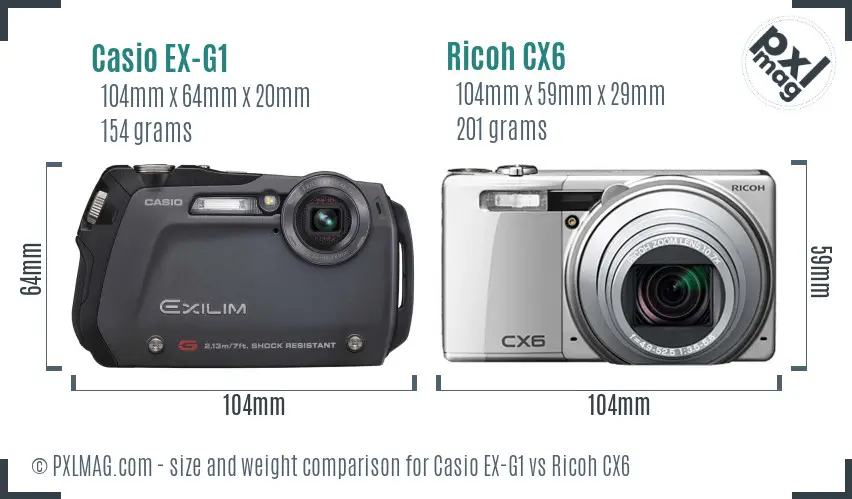 Casio EX-G1 vs Ricoh CX6 size comparison