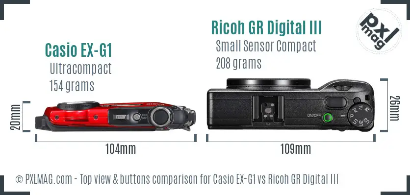 Casio EX-G1 vs Ricoh GR Digital III top view buttons comparison