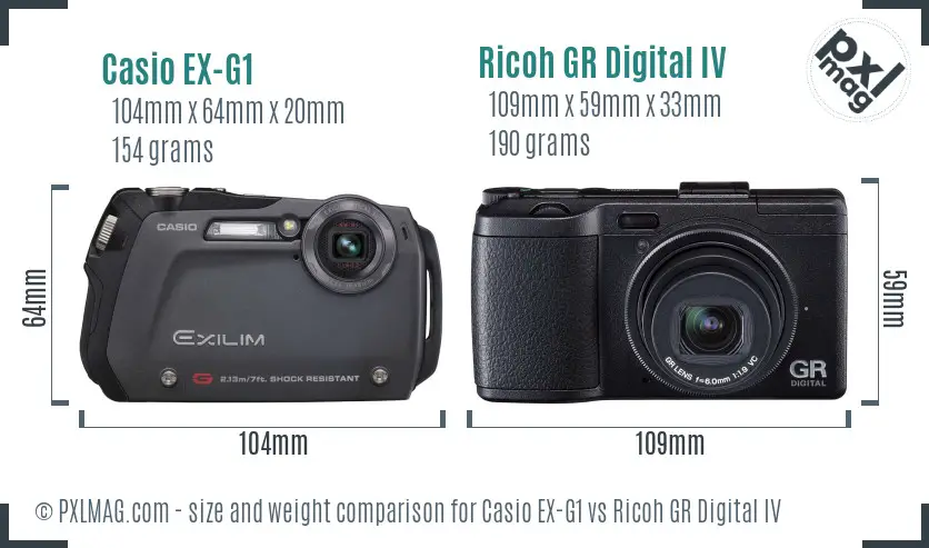 Casio EX-G1 vs Ricoh GR Digital IV size comparison