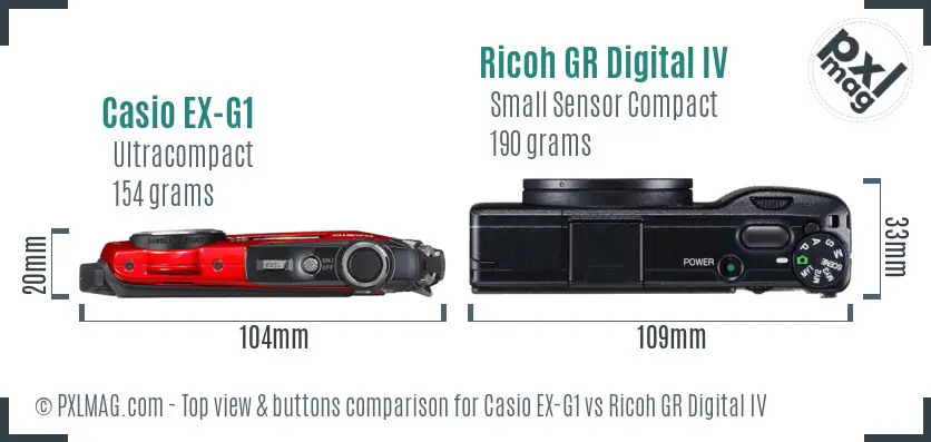 Casio EX-G1 vs Ricoh GR Digital IV top view buttons comparison