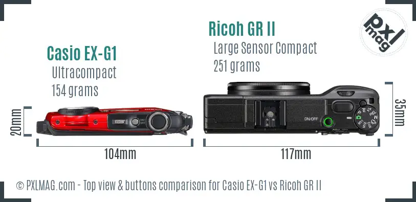 Casio EX-G1 vs Ricoh GR II top view buttons comparison