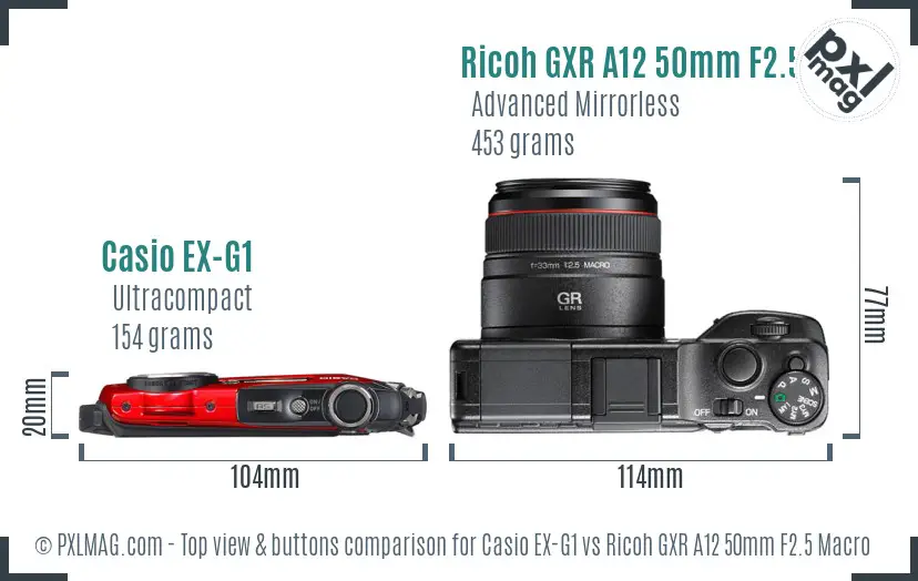 Casio EX-G1 vs Ricoh GXR A12 50mm F2.5 Macro top view buttons comparison