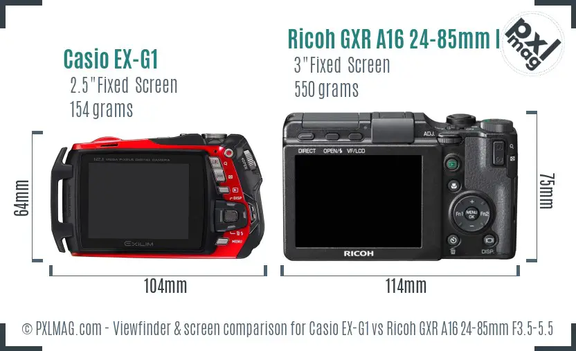 Casio EX-G1 vs Ricoh GXR A16 24-85mm F3.5-5.5 Screen and Viewfinder comparison