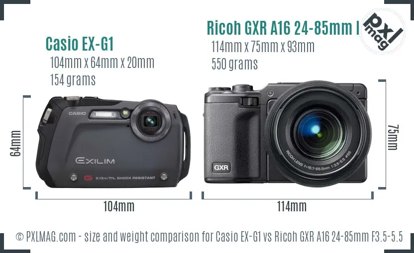 Casio EX-G1 vs Ricoh GXR A16 24-85mm F3.5-5.5 size comparison