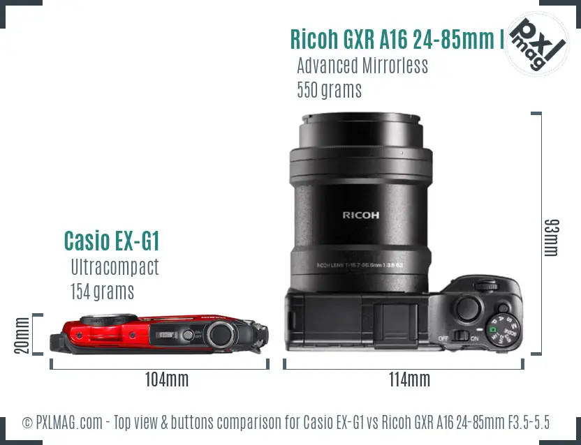 Casio EX-G1 vs Ricoh GXR A16 24-85mm F3.5-5.5 top view buttons comparison
