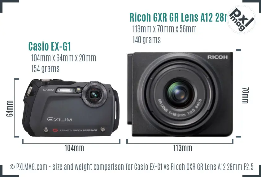 Casio EX-G1 vs Ricoh GXR GR Lens A12 28mm F2.5 size comparison