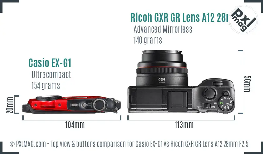 Casio EX-G1 vs Ricoh GXR GR Lens A12 28mm F2.5 top view buttons comparison