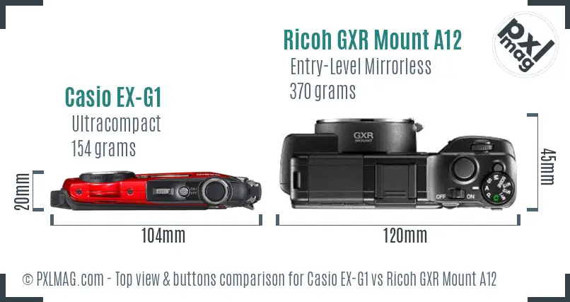 Casio EX-G1 vs Ricoh GXR Mount A12 top view buttons comparison Casio EX-G1 vs Ricoh GXR Mount A12 top view buttons comparison
