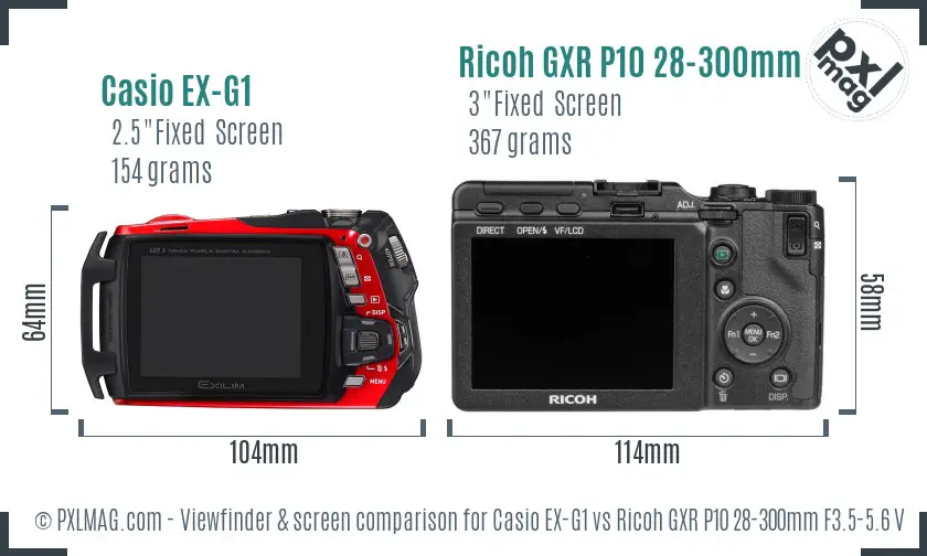 Casio EX-G1 vs Ricoh GXR P10 28-300mm F3.5-5.6 VC Screen and Viewfinder comparison