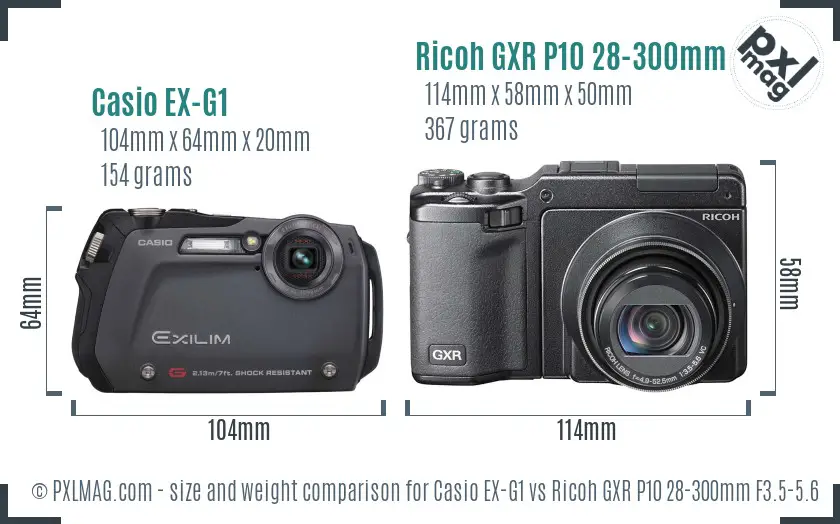 Casio EX-G1 vs Ricoh GXR P10 28-300mm F3.5-5.6 VC size comparison
