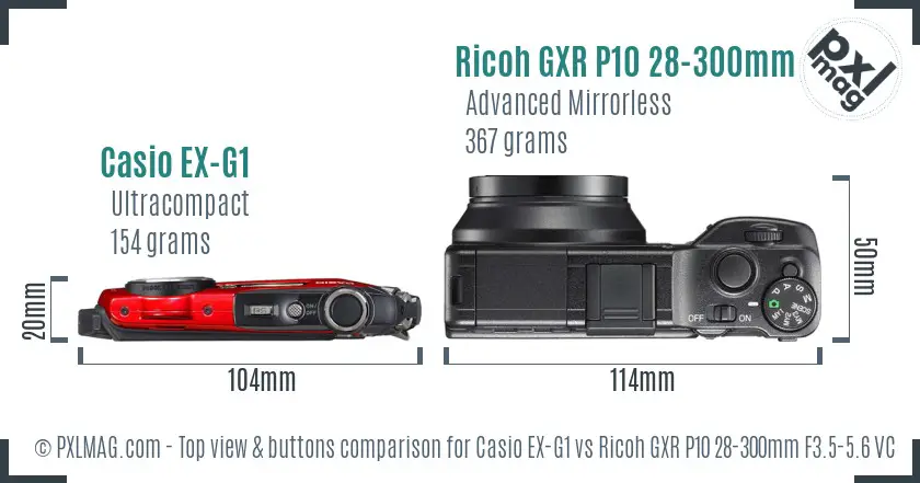 Casio EX-G1 vs Ricoh GXR P10 28-300mm F3.5-5.6 VC top view buttons comparison