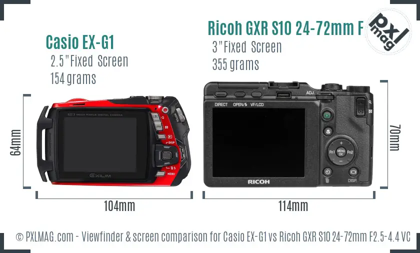 Casio EX-G1 vs Ricoh GXR S10 24-72mm F2.5-4.4 VC Screen and Viewfinder comparison