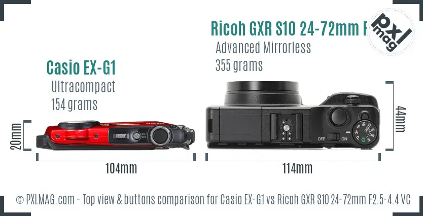 Casio EX-G1 vs Ricoh GXR S10 24-72mm F2.5-4.4 VC top view buttons comparison