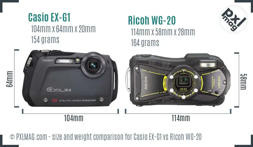 Casio EX-G1 vs Ricoh WG-20 size comparison
