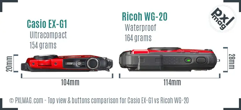 Casio EX-G1 vs Ricoh WG-20 top view buttons comparison