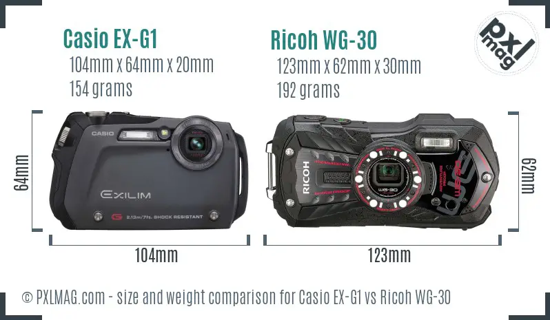 Casio EX-G1 vs Ricoh WG-30 size comparison