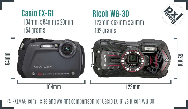 Casio EX-G1 vs Ricoh WG-30 size comparison Casio EX-G1 vs Ricoh WG-30 size comparison