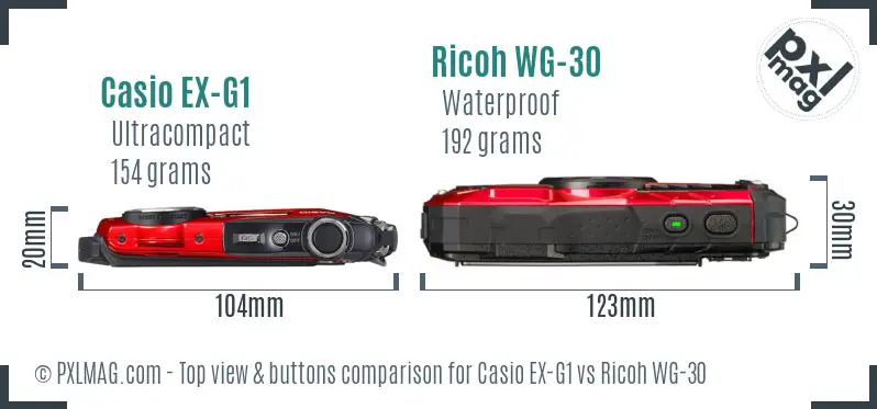 Casio EX-G1 vs Ricoh WG-30 top view buttons comparison Casio EX-G1 vs Ricoh WG-30 top view buttons comparison