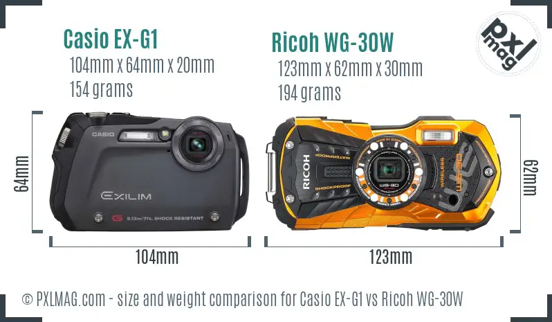 Casio EX-G1 vs Ricoh WG-30W size comparison