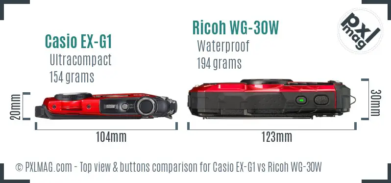 Casio EX-G1 vs Ricoh WG-30W top view buttons comparison
