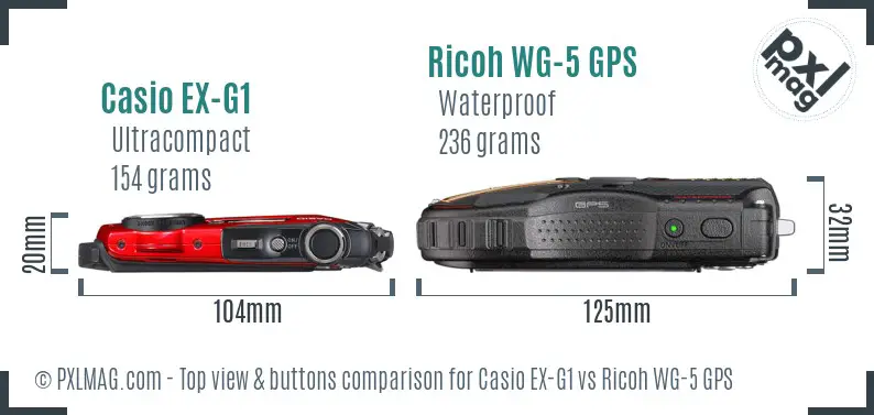 Casio EX-G1 vs Ricoh WG-5 GPS top view buttons comparison