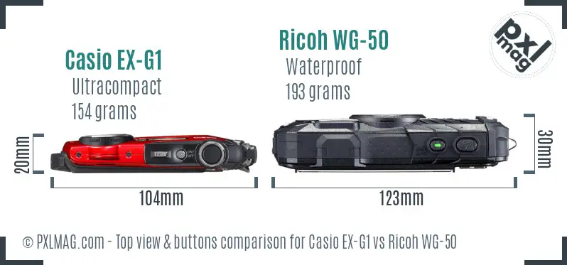 Casio EX-G1 vs Ricoh WG-50 top view buttons comparison