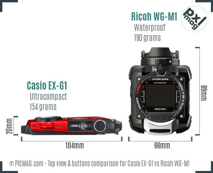 Casio EX-G1 vs Ricoh WG-M1 top view buttons comparison Casio EX-G1 vs Ricoh WG-M1 top view buttons comparison