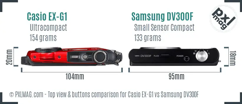 Casio EX-G1 vs Samsung DV300F top view buttons comparison Casio EX-G1 vs Samsung DV300F top view buttons comparison