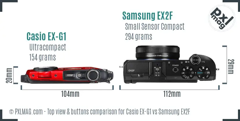 Casio EX-G1 vs Samsung EX2F top view buttons comparison Casio EX-G1 vs Samsung EX2F top view buttons comparison