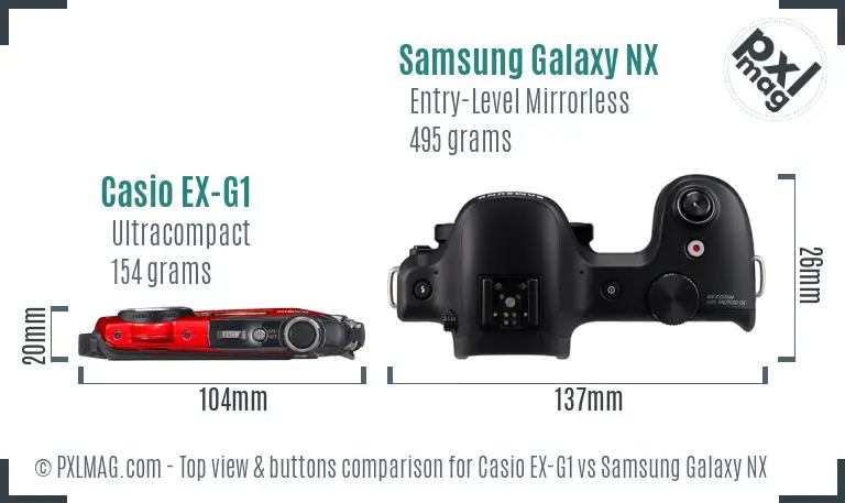 Casio EX-G1 vs Samsung Galaxy NX top view buttons comparison