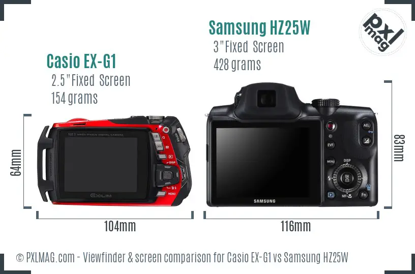 Casio EX-G1 vs Samsung HZ25W Screen and Viewfinder comparison