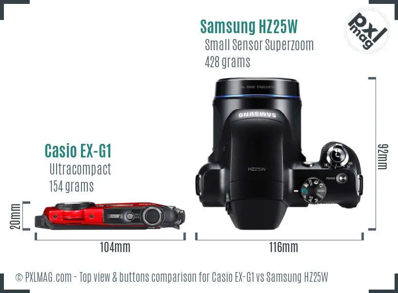 Casio EX-G1 vs Samsung HZ25W top view buttons comparison
