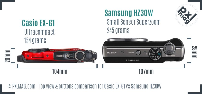 Casio EX-G1 vs Samsung HZ30W top view buttons comparison
