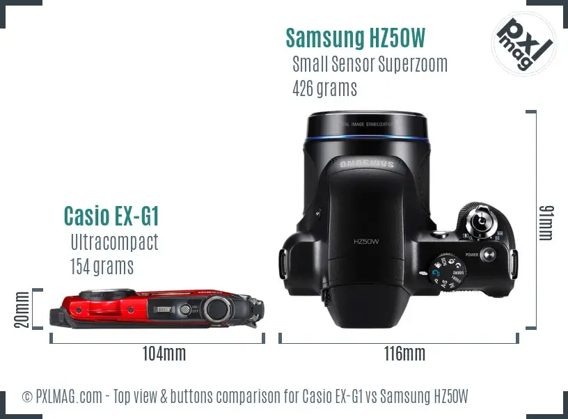 Casio EX-G1 vs Samsung HZ50W top view buttons comparison Casio EX-G1 vs Samsung HZ50W top view buttons comparison
