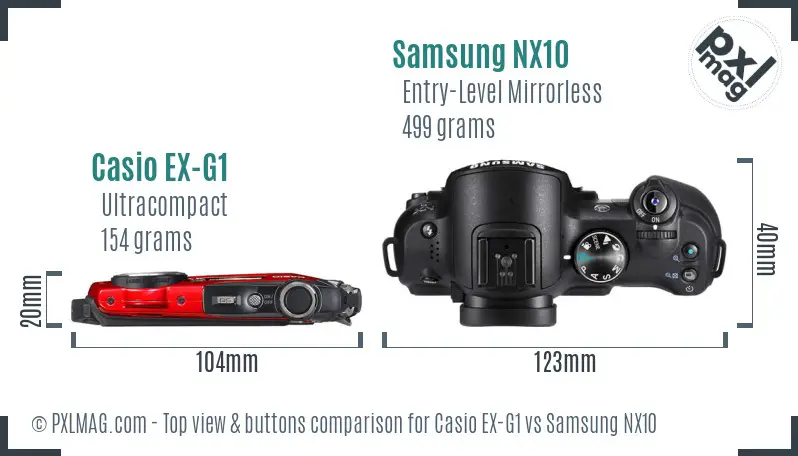 Casio EX-G1 vs Samsung NX10 top view buttons comparison Casio EX-G1 vs Samsung NX10 top view buttons comparison